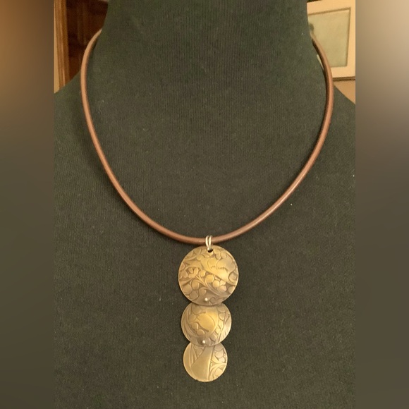 Repurposed Recycled Mixed Metal Vintage Embossed Brass and Leather Necklace. - Picture 1 of 4